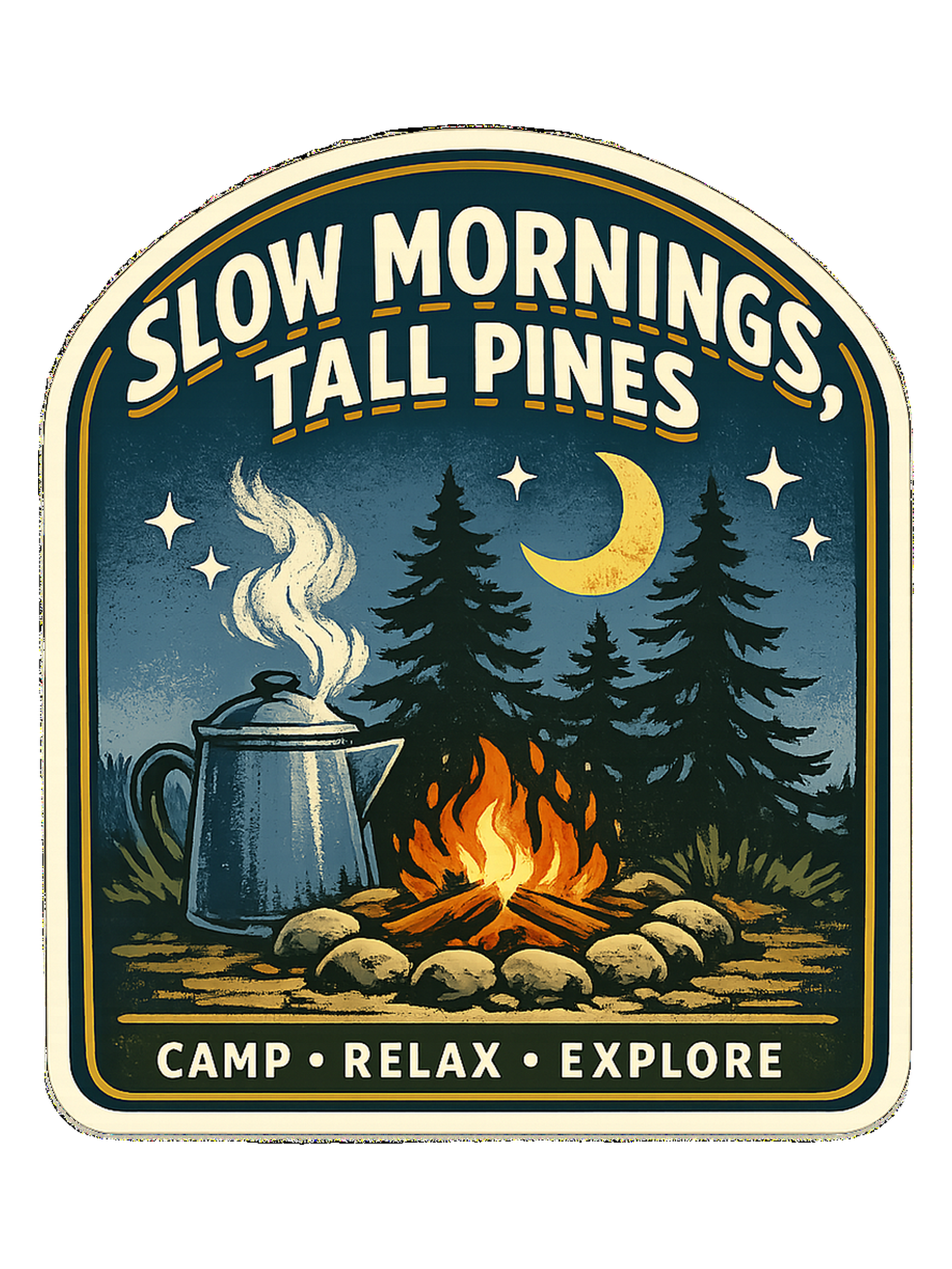 Slow Mornings, Tall Pines Tee — camping t-shirt design by Reggie